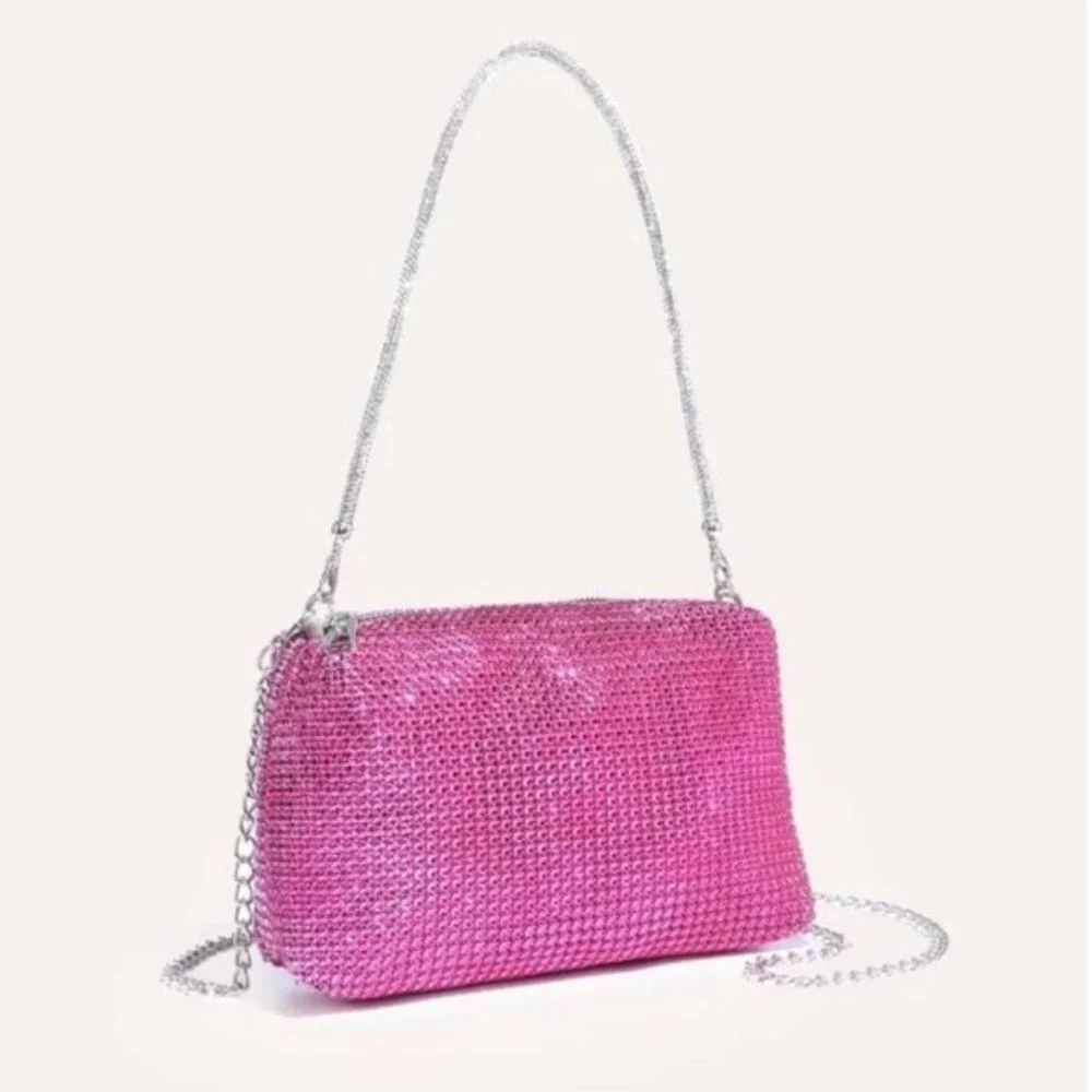 Hot Pink Rhinstone Chain Square Evening Bag - Picture 2 of 5